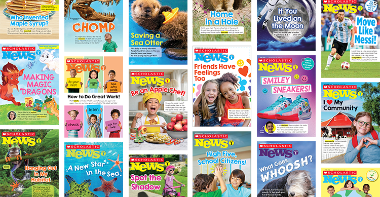Collage of Scholastic News magazine covers for early readers on varied topics