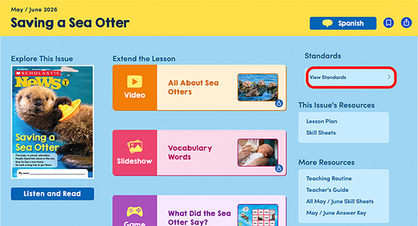 A digital lesson page for Saving a Sea Otter with links to videos, slideshows, and teacher resources